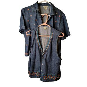 VTG Teddi 90's Y2K Medium Women's Top Denim Embroidered w/Matching Jean Vest
